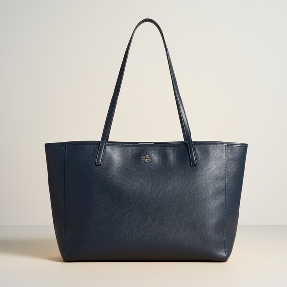 ✨ Tory Burch Navy Saffiano Leather Tote Work Laptop Bag Gold Logo - Picture 2 of 14